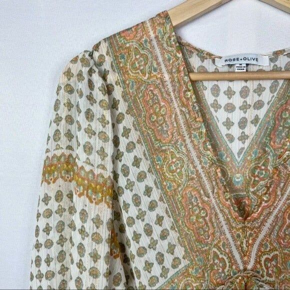 Boutique Rose + Olive Pink & Green Sheer Boho Peasant Long Sleeve Blouse M - Picture 3 of 5